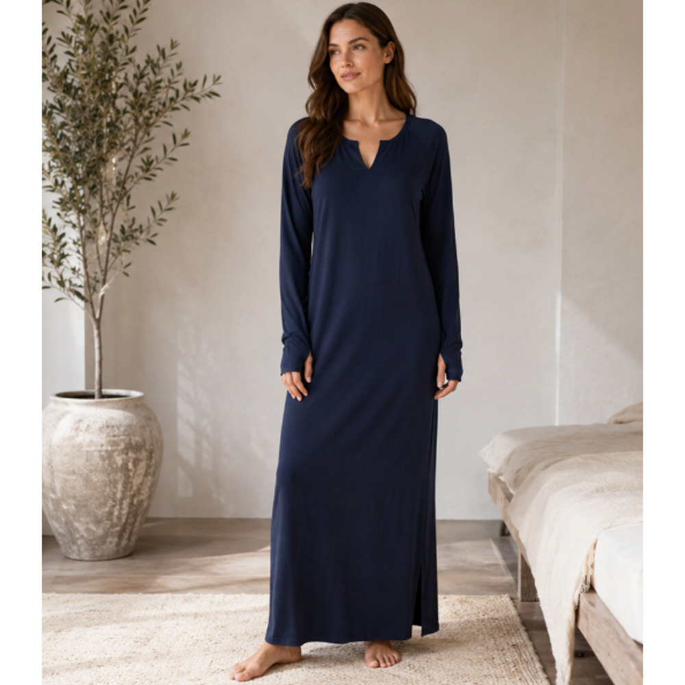 Dagsmejan Navy NATTWARM Merino Wool Lyocell Maxi Sleep Dress Sz L Luxury Lounge - Picture 3 of 11